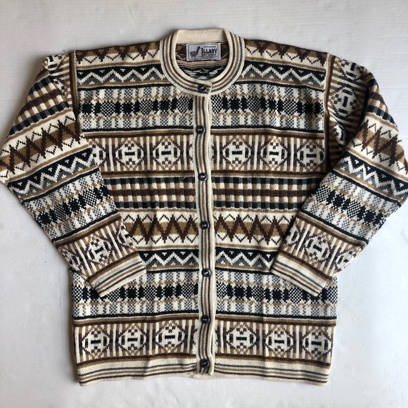 Vintage Sweaters - Vintage Artesian Illary Baby Alpaca Aztec Knit Cardigan Sweater